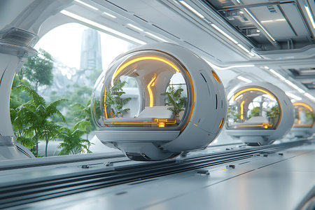 Explore a visionary living space featuring transparent pods surrounded by greenery in a modern,...