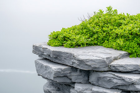This image showcases a lush green plant thriving on the edge of a grey rock, set against a foggy water backdrop. It depicts tranquil nature.の写真素材