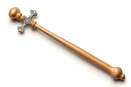 This image features a beautifully crafted wooden ceremonial staff with a silver cross emblem. The polished finish highlights its elegant design and craftsmanship.の写真素材