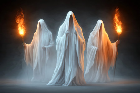 Eerie ghostly figures in flowing white robes hold flickering torches, creating a mystical atmosphere in a dark, foggy setting.の写真素材