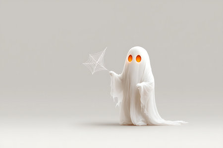 Adorable cartoon ghost with bright orange eyes, gently holding a delicate spider web, perfect for Halloween decorations or playful art projects.の写真素材