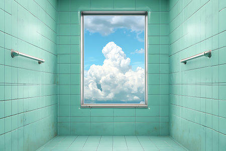 This unique bathroom interior features vibrant turquoise tiles and an open window, allowing natural light and a stunning view of blue skies and clouds, creating a serene and refreshing atmosphere.の写真素材