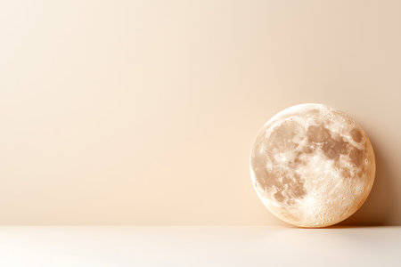 This beautiful full moon image against a soft beige background evokes tranquility and creativity, ideal for various design or artistic projects.の写真素材