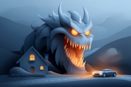 A dramatic illustration features a colossal dragon emerging from the mountains, its fiery eyes illuminating a nearby car and house, evoking a sense of adventure and fantasy.の写真素材