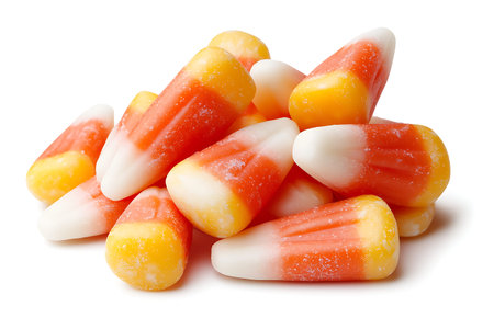 A delightful pile of colorful candy corn displaying vibrant orange, yellow, and white shades....