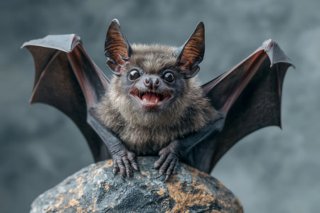 A striking close-up of a bat perched on a rocky surface, showcasing its wide-open wings and unique features. The image captures the bat's playful expression and detailed texture of its fur.の写真素材