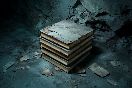 An artistic depiction of cracked and weathered books stacked on gritty ground in a dark, abandoned space. The textures and decay evoke a sense of mystery.の写真素材
