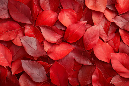 A captivating arrangement of vibrant red leaves layered flat to create a rich background. Ideal for nature-themed projects, designs, or decorations.の写真素材