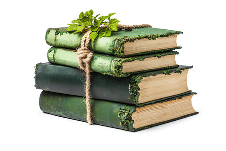 A charming arrangement of vintage green books stacked and bound with twine, adorned with fresh leaves reflecting creativity and nature, ideal for decor or editorial use.の写真素材