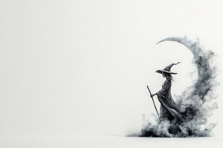 Ethereal depiction of a witch figure with a crescent moon, surrounded by fog and smoke, evoking themes of magic and mystery in a whimsical atmosphere.の写真素材