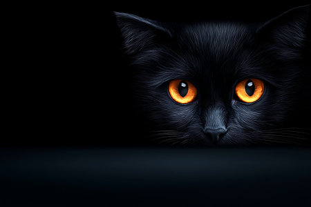 This captivating image features a black cat with bright orange eyes, peering intently from a dark background, evoking a sense of mystery and intrigue.の写真素材