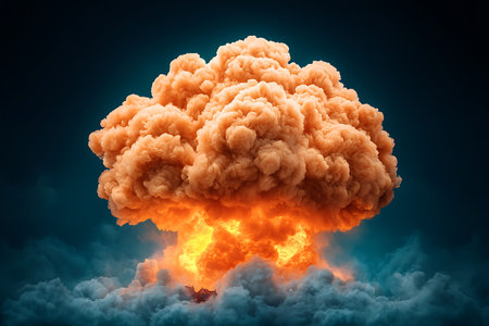 A vivid explosion cloud radiating bright orange flames and dense smoke, set against a dark...