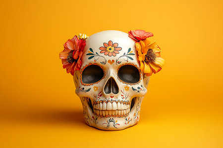 A beautifully crafted decorative skull adorned with colorful flowers against a bright orange backdrop. Ideal for festive themes and celebrations.の写真素材