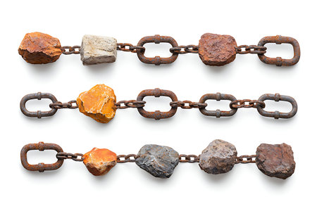A striking arrangement of rusty chains interlinked with various rocks showcases a blend of natural...