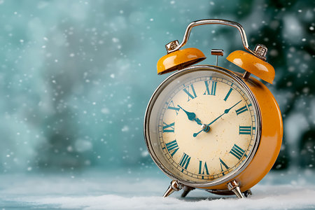 A beautiful vintage yellow alarm clock stands amidst a soft blue snowy background. Enjoy its charm and elegance, perfect for winter-themed designs and nostalgia.の写真素材