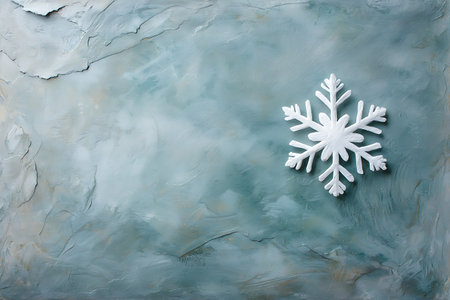 A beautiful snowflake is placed on a textured background of soft blue and gray tones. This artistic image captures the essence of winter and tranquility.の写真素材
