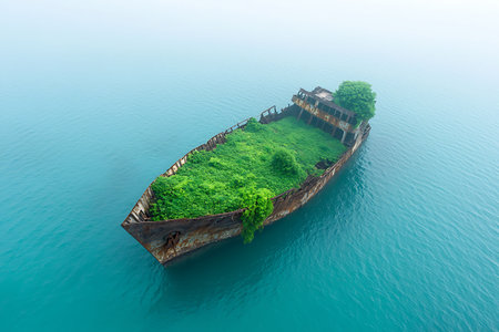 A stunning aerial view of an abandoned ship covered in vibrant green plants surrounded by calm blue water, creating a mesmerizing blend of nature and decay.の写真素材