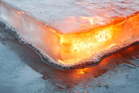 A striking ice block radiates a warm glow while melting slightly. Its smooth, translucent surface reflects natural light, emphasizing its unique texture and beauty.の写真素材