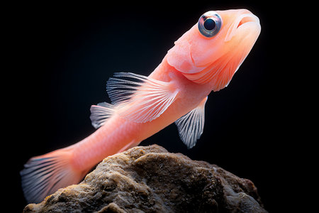 A vibrant pink coral fish gracefully swims above a rocky seabed, showcasing its playful expression and delicate fins. The image captures the beauty of marine life in clear water, highlighting the rich biodiversity of ocean habitats.の写真素材