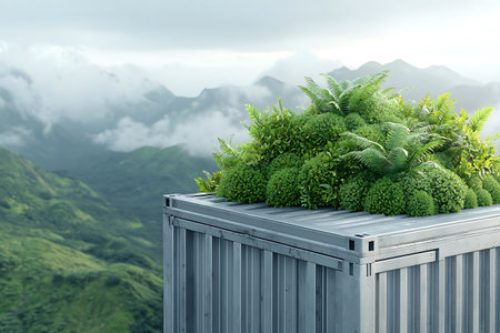 A breathtaking shipping container adorned with lush greenery sits atop a mountainside, surrounded by clouds and stunning landscapes, representing innovative eco-friendly design.の写真素材