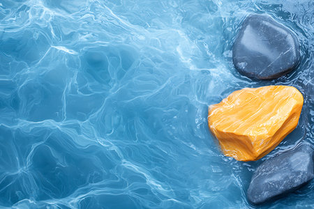 A vibrant yellow rock stands out against smooth dark stones in clear blue water, creating a captivating natural scene. Perfect for design projects.の写真素材