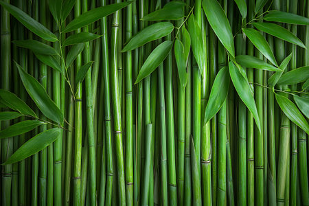 A vibrant green bamboo forest background featuring narrow stems and fresh leaves, perfect for design projects or nature-themed decor. The serene atmosphere enhances tranquility.の写真素材