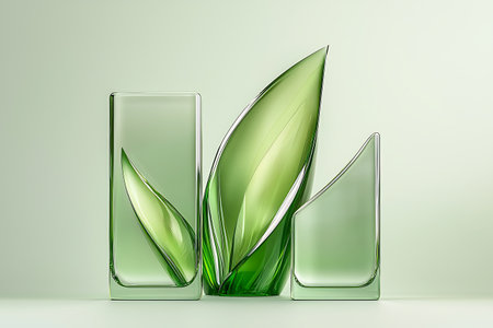 Beautiful glass vases featuring graceful leaf shapes in serene green tones, perfect for adding a touch of elegance and nature-inspired beauty to any space.の写真素材