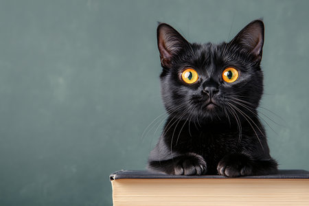 This captivating image features an adorable black cat with striking orange eyes, elegantly perched on a stack of books against a soothing green background.の写真素材