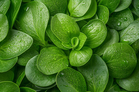 Explore the beauty of fresh green leaves adorned with water droplets, perfect for themes of nature, wellness, and organic aesthetics.の写真素材