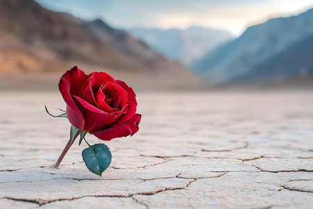 A stunning close-up of a single red rose standing proudly on a cracked dry desert landscape, with beautiful mountains fading into the background, symbolizing beauty in solitude.の写真素材