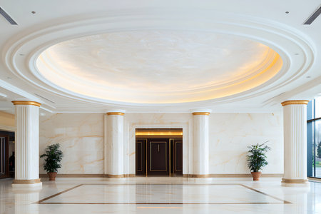 This luxurious lobby interior features elegant columns, a stylish ceiling, and bright natural light, creating a welcoming and sophisticated atmosphere for guests.の写真素材