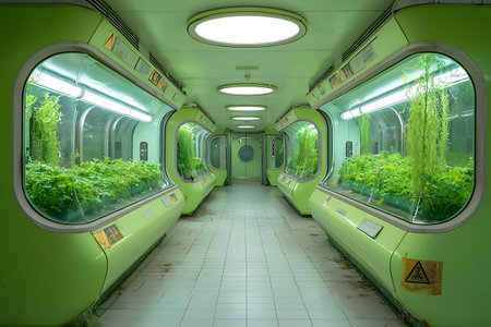 Explore a stunning indoor greenhouse featuring vibrant plants in a futuristic setting, blending nature and innovation for a unique urban experience.の写真素材