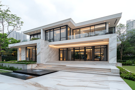 A stunning modern luxury villa featuring large windows and elegant design elements, surrounded by lush greenery and a serene environment, perfect for urban living.の写真素材