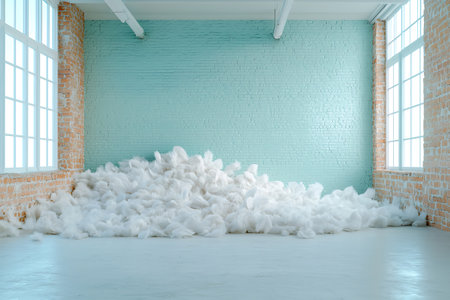 A soft pile of white cotton fills a bright room with textured walls and large windows, creating a serene and tranquil atmosphere suitable for artistic projects.の写真素材