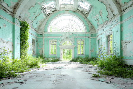 A serene scene of an abandoned room with vibrant green plants taking over crumbling walls, showcasing the beauty of nature reclaiming a forgotten space.の写真素材