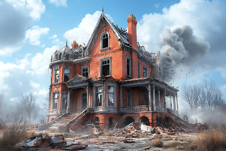An eerie depiction of an abandoned Victorian mansion, showcasing decay and destruction, with smoke billowing against a dramatic sky.の写真素材