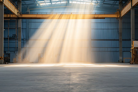 A serene view of sunlight beams streaming through warehouse windows, illuminating an empty industrial space, creating a calm and tranquil atmosphere.の写真素材