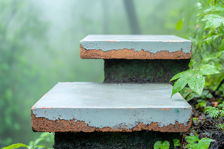 Discover the serene beauty of rustic concrete steps nestled among vibrant greenery in a misty forest. Experience nature's tranquility and inviting paths.の写真素材