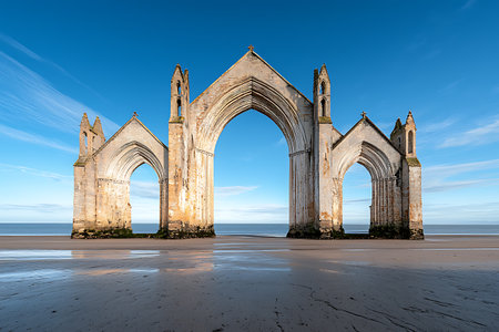 This captivating image showcases the dramatic ruins of a gothic church arch on a tranquil beach, creating a striking contrast against the serene blue sky.の写真素材