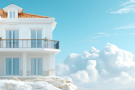 This stunning image features a modern white house with a balcony, beautifully set against a bright sky and fluffy clouds, creating a serene architectural scene.の写真素材