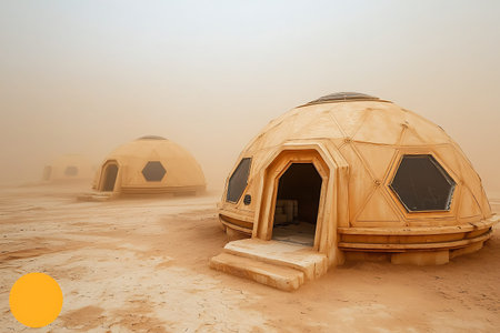 A set of futuristic geodesic domes emerges from a dusty desert landscape, embodying a vision of innovative living amidst natural challenges and intense weather conditions.の写真素材