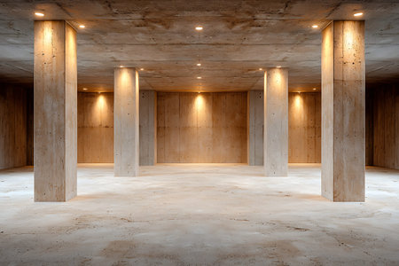 A minimalist interior showcasing concrete columns and soft ambient lighting in an empty space, ideal...