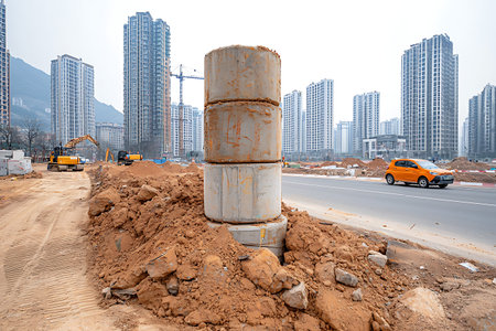 A construction site featuring a prominent concrete column, heavy machinery, and high-rise buildings...