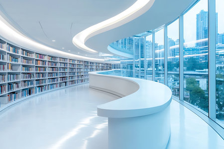 This image showcases a contemporary library interior with sleek design features, curved shelves, and large windows offering a view of the city skyline, creating an inviting study space.の写真素材
