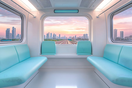 Bright and modern train interior shows comfortable seating with a stunning view of an urban skyline during sunset. Ideal for travel themes.の写真素材