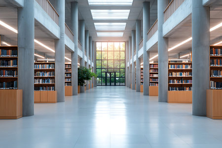 A spacious modern library interior showcasing tall concrete columns, organized wooden shelves filled...