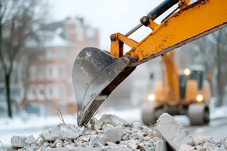 A close-up view of construction equipment digging into snowy debris at an urban site during winter,...