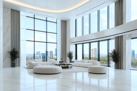 Bright modern living room featuring panoramic windows, minimalist furniture, and elegant decor. Inviting and spacious space ideal for relaxation or gatherings.の写真素材