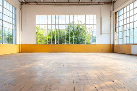 A bright, empty room featuring large windows that invite natural light and views of greenery. The wooden floor and minimalistic design create a serene atmosphere, perfect for various creative projects.の写真素材