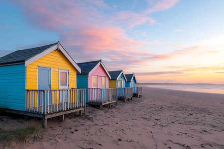 A serene sunrise illuminates colorful beach huts on a peaceful sandy shoreline, creating a perfect summer getaway scene filled with vibrant colors and tranquility.の写真素材